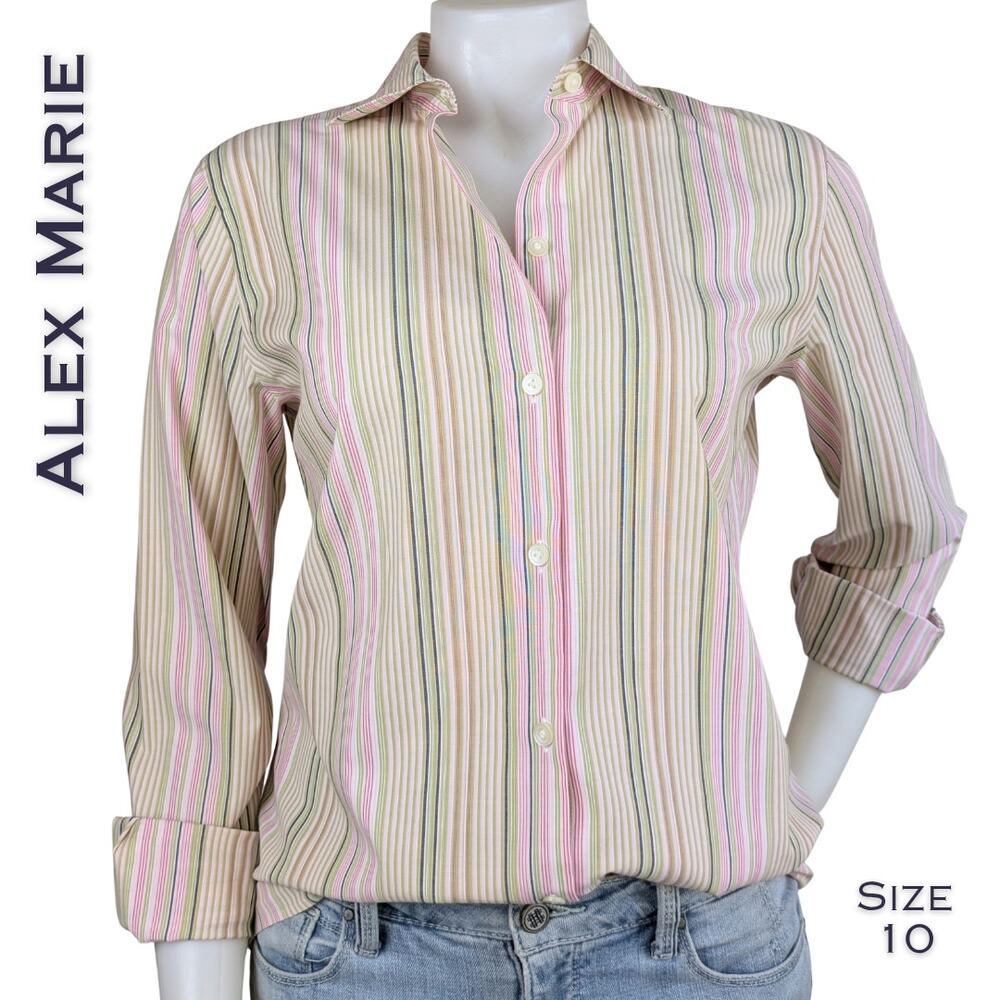 Alex Marie Button Down Shirt 10 Pastel Multicolor Striped Wrinkle Free Stretch